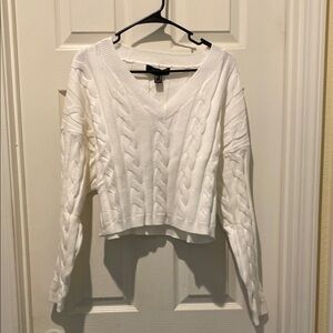 White Cable Knit V-Neck Sweater